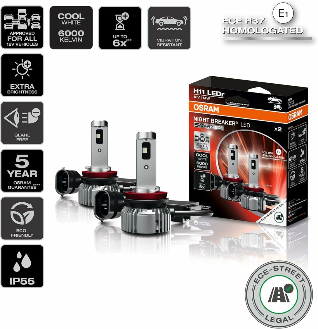 2er Set H11 Osram Night Breaker LED Smart ECE