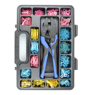 Sortimentsbox Kabelschuhe mit Schrumpfschlauch + Crimpzange PRO | 378 St&uuml;ck