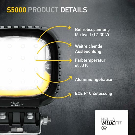 Hella S5000 2.0 LED Flutlicht 5000 lm + Wei&szlig;/Gelb Positionslicht